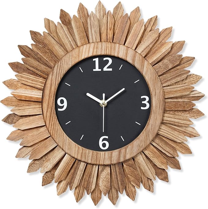 Honiway 16 Inch Wall Clocks, Rustic Wood Boho Sunburst Decorative Wall Clock Battery Operated Silent Non Ticking Farmhouse Large Wall Clocks for Living Room Kitchen Bedroom Home Decor (Rustic Brown)