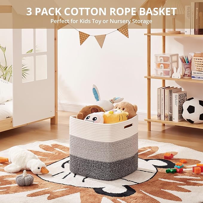 OIAHOMY 13 Kallax Inch Cube Storage Bins, 3-Pack Cotton Rope Woven Baskets for Organizing, Kallax Insert Storage Baskets for Shelves, Baby Nursery, Closet Organizer, 13*13*12.6IN, Gradient Gray