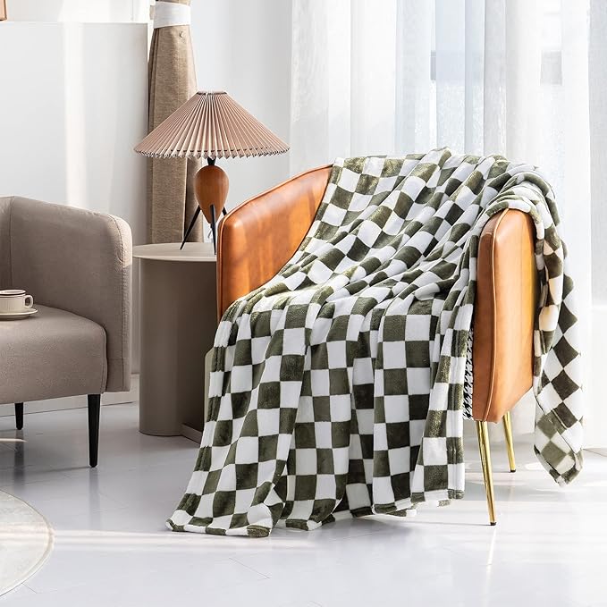 LOMAO Throw Blankets Flannel Blanket with Checkerboard Grid Pattern Soft Throw Blanket for Couch, Bed, Sofa Luxurious Warm and Cozy for All Seasons (Dark Olive, 50"x60")