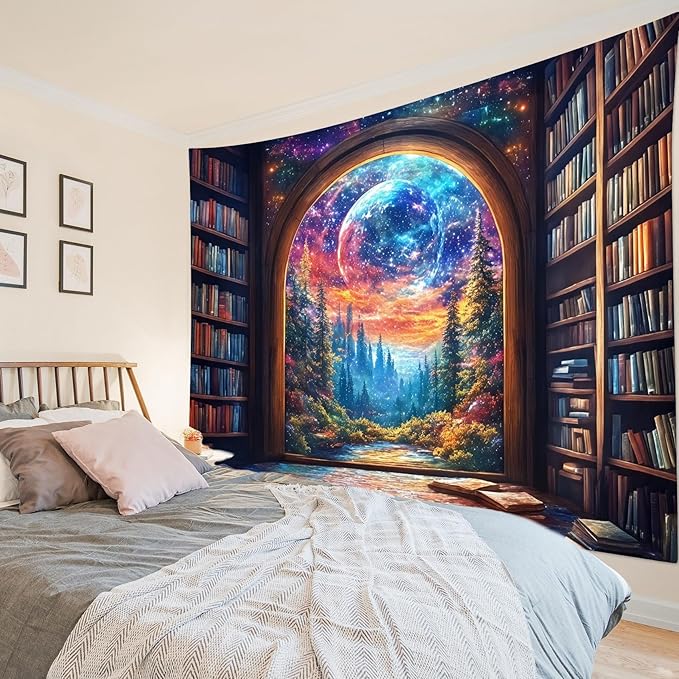LB Fantasy Bookshelf Moon Tapestry, Trippy Tree and Vintage Library in Forest Wall Tapestry for Bedroom, Galaxy Cool Wall Art for Living Room Dorm Classroom Home Decor Ready to Hanging, 59 x 51 Inches
