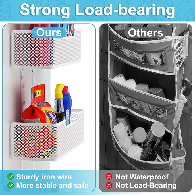 Adjustable Over The Door Organizer, Hanging Door Storage with PVC Pocket and 4 Metal Baskets Wall Mount, Closet Door Organizer Behind Door Rack for Bathroom Bedroom Closet, White