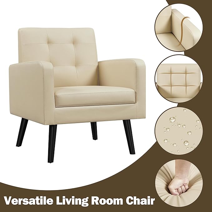 Yaheetech Mid-Century Accent Chairs, PU Leather Modern Upholstered Living Room Chair, Cozy Armchair Button Tufted Back and Wood Legs for Bedroom/Office/Cafe Beige