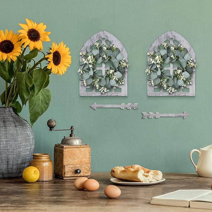 Rustic Wood Window Frame with Green Wreath and Arrows Wall Decor，Farmhouse Window Frame Hanging Decor, Wooden Fake Decoration,Window Pane Wall Decor,Set of 2 (windows white)