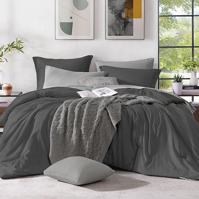 Monbix California King Comforter Set - 7 Pieces Cationic Dyeing Dark Grey Bed in a Bag Cal King Bed Sets with Comforter, Sheets, Pillowcases & Shams, Reversible Bedding Comforters Sets (108 * 92)