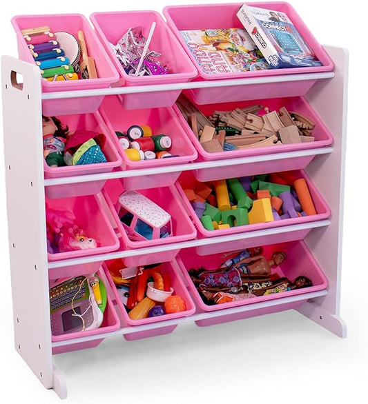 Humble Crew Kids Toy Storage Organizer with 12 Plastic Bins, White/Pink – Removable Bins for Playroom, Bedroom, Toddler Furniture for Boys and Girls Ages
