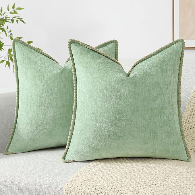 decorUhome Chenille Soft Throw Pillow Covers 26x26 Set of 2, Farmhouse Velvet Neutral Decorative Euro Pillow Covers with Stitched Edge for Couch Sofa Bed Home Decor, Sage Green