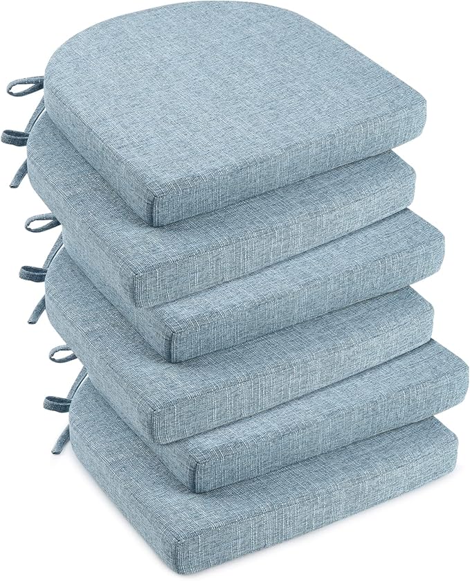 downluxe Indoor Chair Cushions for Dining Chairs, Soft and Comfortable Textured Foam Kitchen Chair Pads with Ties and Non-Slip Backing, 16" x 16" x 2", Light Blue, 6 Pack