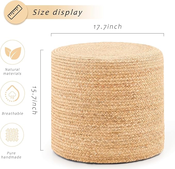 Handwoven Ottoman Pouf, Natural Water Hyacinth Footstool, Round Braided Outdoor Seat with Sturdy Frame, Boho Accent Stool for Patio, Balcony, or Garden (Natural)
