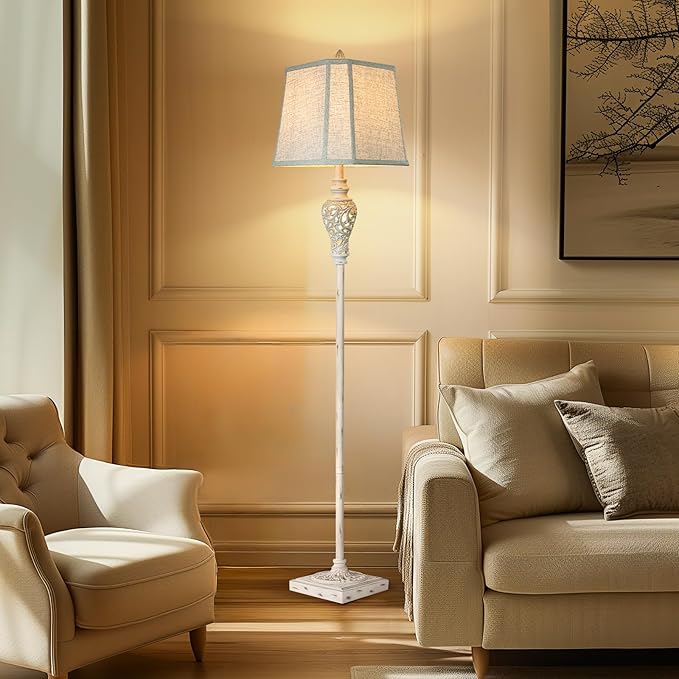Rustic Floor Lamp 65'' Tall with Nightlight Cut Corner Linen Fabric Shade Vintage Standing Lamp for Living Room, Bedroom, Office, House (Bulb Included)