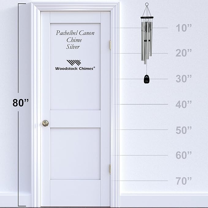 Woodstock Wind Chimes Pachelbel's Canon in D, Silver Aluminum Tubes, Medium 32 - Inch, Deep Toned Windchime for Outdoor Decor for Garden, Patio, Porch