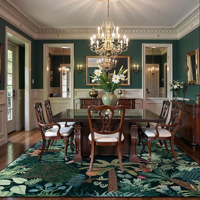 LIVEBOX Washable Jungle Dark Green Rugs 9x12 for Living Room, Stain Resistant Soft Kids Area Rugs for Bedroom, Non-Skid Modern Dining Room Rug Floor Carpet for Playroom Kids Nursery