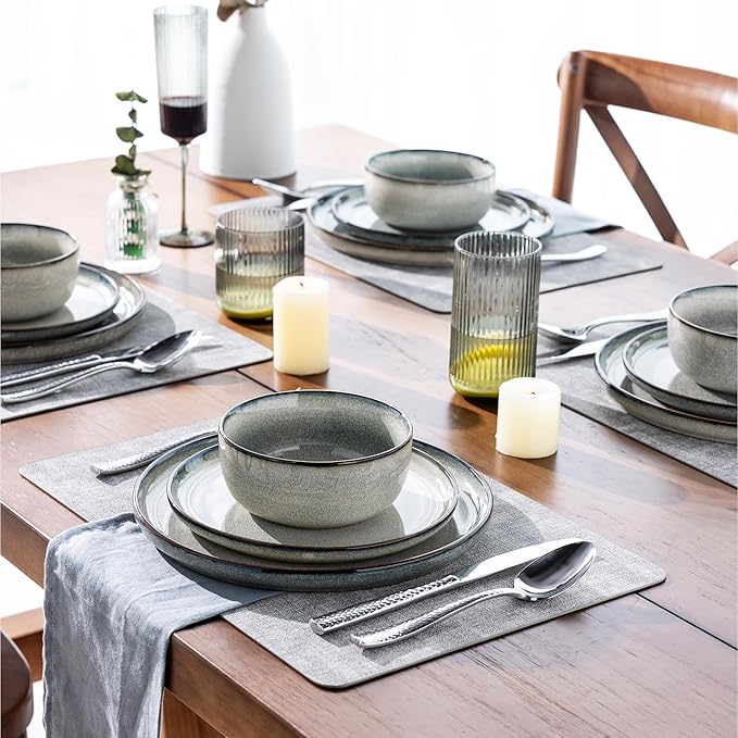 GBHOME Ceramic Dinnerware Sets for 6, 18 Pieces Stoneware Plates and Bowls Sets, Reactive Glaze Dishes -Scratch Resistant, Dishwasher&Microwave Safe, Green Wheat