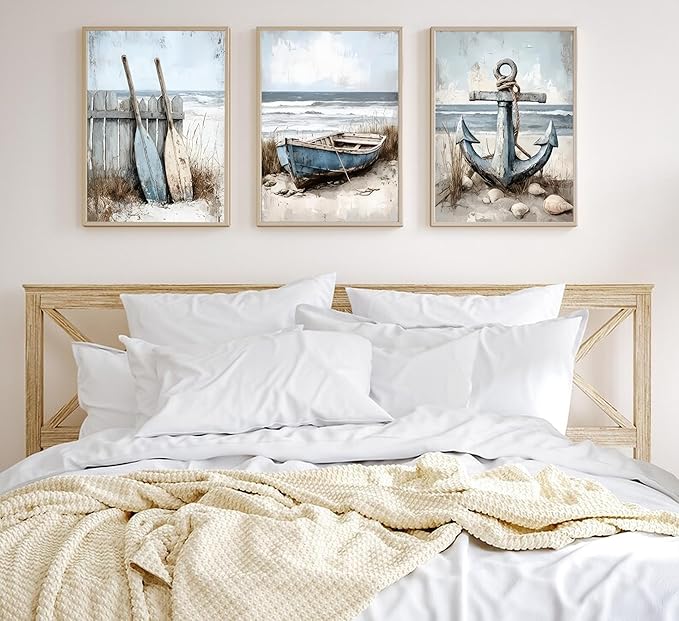 3Pcs Nautical Beach Wall Art Sailboat Paddle and Anchor Paintings Pictures Wall Decor Nautical Coastal Posters Prints Artwork for Living Room Bedroom Home Office Corridor Home Decroation Unframed