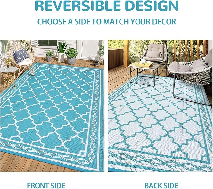GAOMON Outdoor Plastic Straw Rug, 10'x14' Reversible Sage Green Patio Mat, Flower Modern Design for RV, Backyard, Deck, Camping, Picnic, Teal/White(Geometric)