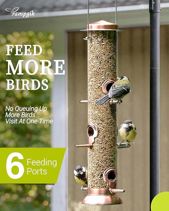 Metal Tube Bird Feeders for Outdoors Hanging,Finch Feeders for Outside,All Metal Brushed Copper Finishing,14 Inch 6 Port (Seed is not Included)