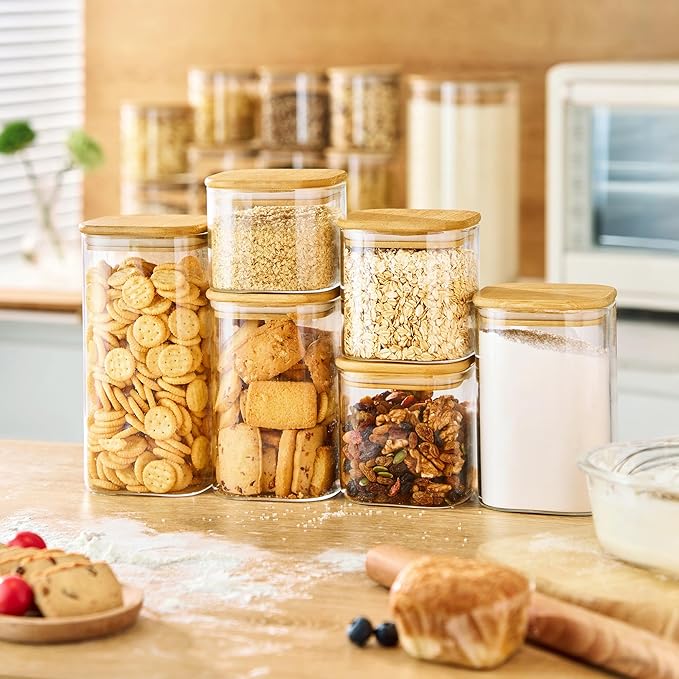 Extra Large Square Glass Flour & Sugar Storage Containers with Airtight Lids, 168oz & 84oz - 2 Pack Glass Jars with Bamboo Lids, Air tight Pantry Food Storage Containers for Cereal, Pasta, Rice