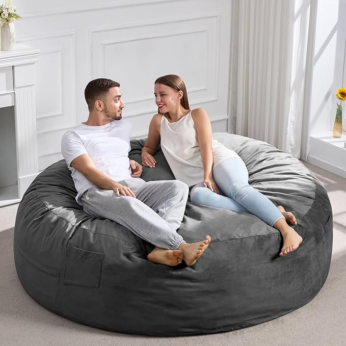 Hobestluk 6FT Bean Bag Chair Bean Bag Chairs for Adults Giant Bean Chairs with Velvet Cover, Memory Foam BeanBag Chair Fluffy BeanBag Chairs for Living Room, Bedroom- Grey (70" x 70" x 15")