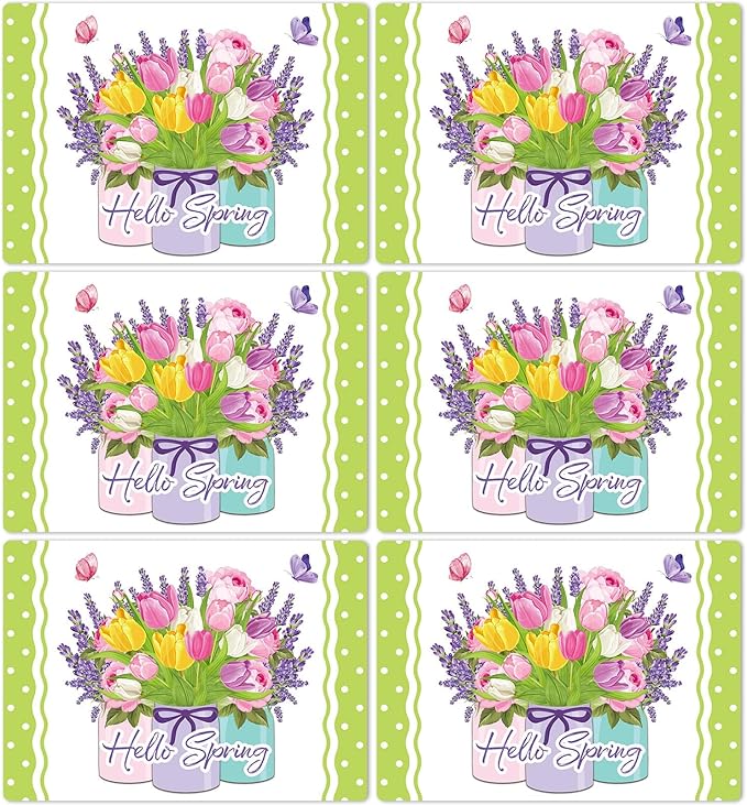 Spring Placemats Set of 6 Easter Plastic Table Mats Tulip Place Mats Washable Vinyl Flower Vase Spring Table Decoration for Indoor Outdoor Party Kitchen Dining