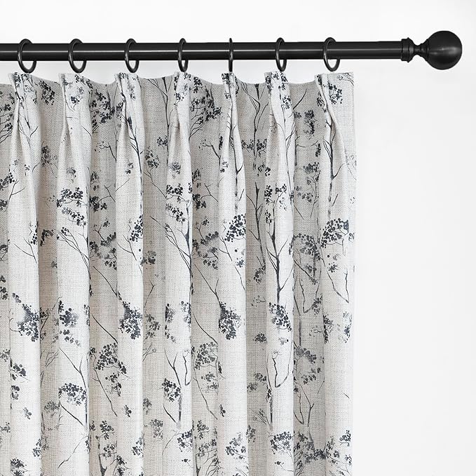 Pinch Pleated Floral Linen Curtains 2 Panels Elegant Light Filtering Privacy Drape,60 Inch Wide by 96 Inch Long Curtains Suitable for Living Rooms and Bedrooms