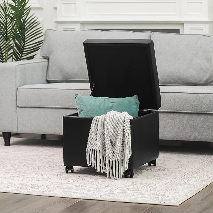 Adeco 17.7" Leather Ottoman with Wheels, Black Square Rolling Ottoman with Storage, Upholstered Button Tufted Vanity Stool with Hinged Lid for Living Room, Bedroom, Dorm