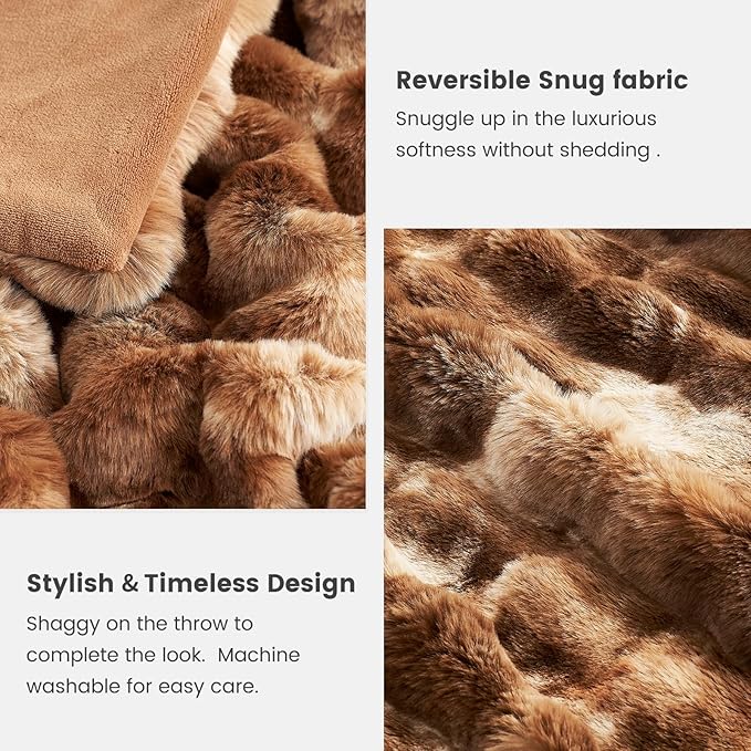 Cozy Bliss Faux Fur Throw Blanket for Couch, Fuzzy Soft Plush Thick Bubble Blanket for Sofa Bedroom Living Room, 50 * 60 Inches Tie Dye Brown