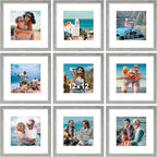 Vittanly 12x12 Picture Frames Set of 9, Shatter Resistant Plexiglass, Display 8x8 Pictures with Mat or 12x12 without Mat, Photo Frames for Wall Mount, Engineered Wood, Grey