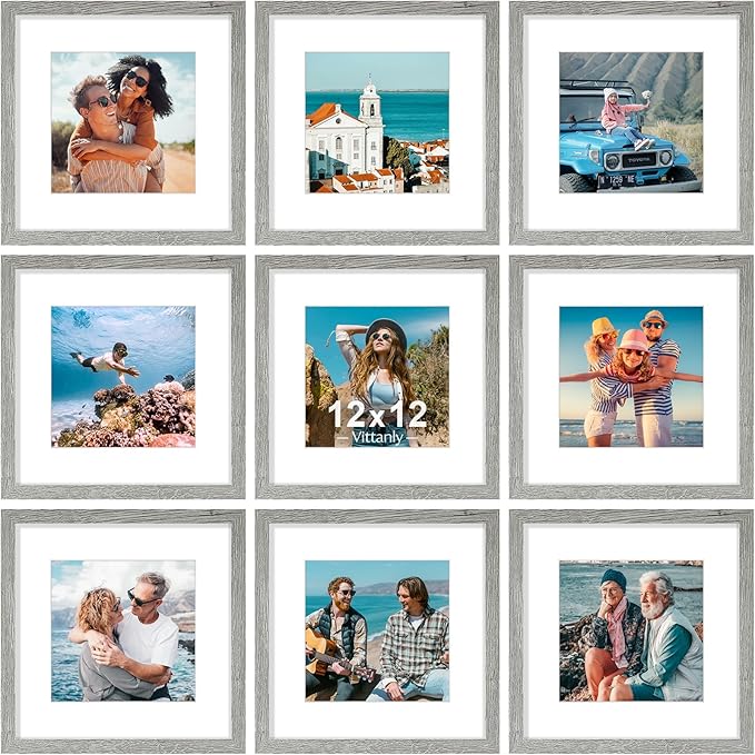 Vittanly 12x12 Picture Frames Set of 9, Shatter Resistant Plexiglass, Display 8x8 Pictures with Mat or 12x12 without Mat, Photo Frames for Wall Mount, Engineered Wood, Grey