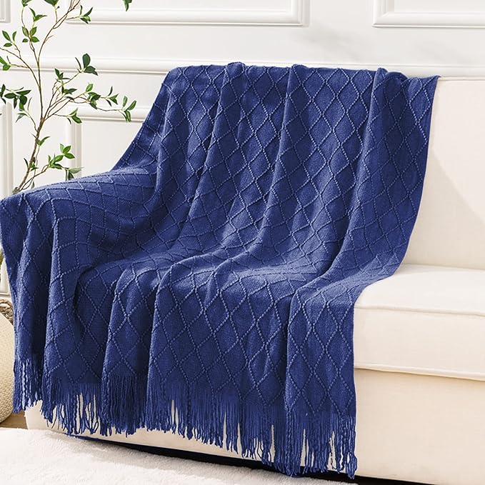 inhand Navy Blue Throw Blanket for Couch and Bed, Soft Living Room Home Decor Knitted Blanket with Tassel, Outdoor Lightweight Breathable Summer Blanket, Farmhouse Warm Woven Decorative, 50"x60"