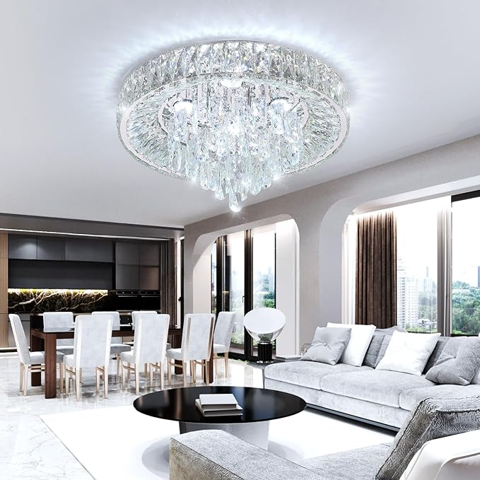 Modern Crystal Chandeliers for Dining Room LED Light Fixture Close to Ceiling Chandelier Flush Mount Ceiling Light Dimmable Lamp with Remote for Living Room Bedroom Hallway 2700K 6000K