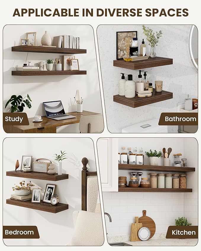 Marsmiles 31.5" Floating Shelves for Wall, Wooden Shelves with Invisible Brackets Set of 2, Rustic Farmhouse Wall Mounted Shelf for Kitchen Bathroom Living Room Study, Walnut