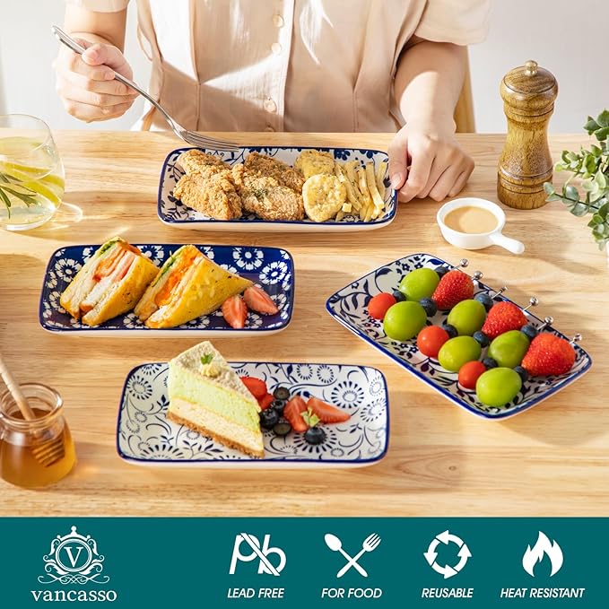vancasso Selene 8.5 Inch Rectangular Salad Plates Set of 6, Ceramic Salad Plates for Sushi, Dessert, Appetizer, Porcelain Platters for Kitchen Decor, Microwave & Oven Safe, Vintage Blue & White Color