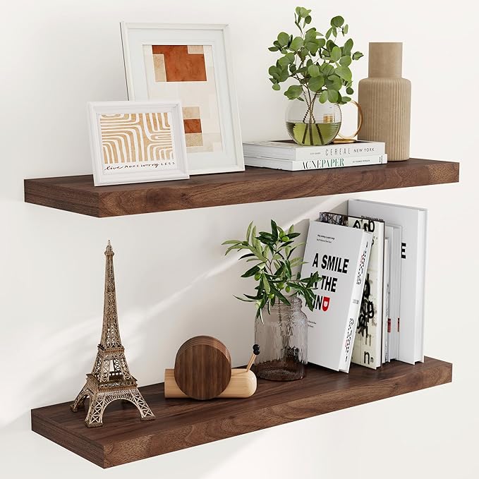 Fun Memories Rustic Wood Floating Shelves for Wall, 36 x 9 Wall Shelves Set of 2, Deep Floating Shelf for Kitchen, Living Room Storage & Display, Deep Wooden Bookshelf, Walnut Color