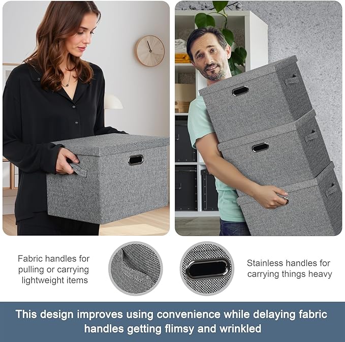 Large 17" 36 Quart Collapsible Stackable Storage Bins with Lids, 3 Packs Black and White Mix Linen Fabric Closet Boxes with Lids, Storage Cube Baskets Container Organizers (17x12x11)