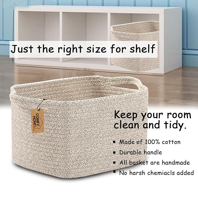 COMFY-HOMI Storage Basket for Shelves, Woven Baskets for Storage, Cotton Rope Basket for Toys,Towel Baskets, Toy Storage Organizer, Storage Cube Bin, Organization and Storage-All Brown