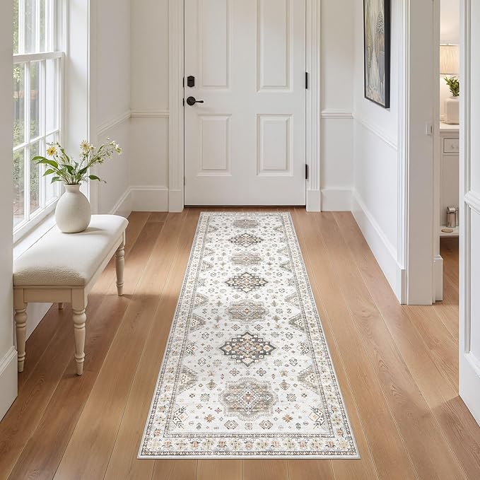 Washable 2x6 Runner Rug - Area Rugs Neutral Vintage Distressed Floral Farmhouse Boho Large Soft Floor Rug Indoor Carpet for Hallway Entryway Bedroom Kitchen - Blue Brown