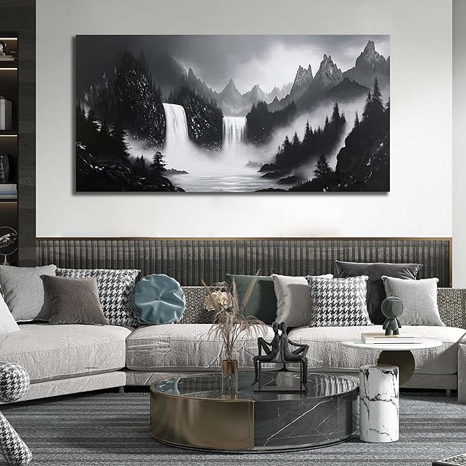 Mountain Hand Painting Wall Decor For Living Room - Extra Large Waterfall Pictures Wall Art For Office - Landscape Canvas Wall Art For Bedroom Size 36 x 72 Inch