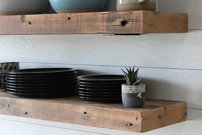 Urban Legacy Deep Floating Shelves | Reclaimed Chunky Wide Plank Barn Wood Shelves with Low Profile Brackets | High Weight Capacity