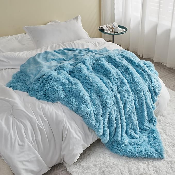 GONAAP Fuzzy Faux Fur Throw Blanket Twin Size Sky Blue Super Soft Cozy Plush Fuzzy Shaggy Blanket for Couch Sofa Bed (Sky Blue, Twin(60"x80"))