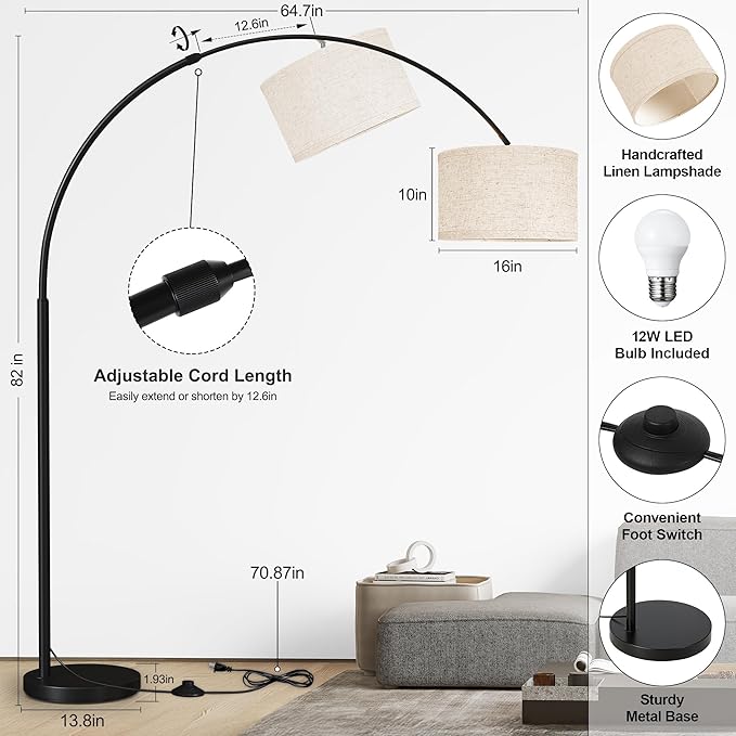 SUNMORY 82" Tall Arc Floor Lamps for Living Room, Large Floor lamp with Remote Control, Modern Curved Floor lamp, Corner Lamp for Dining Room, Office
