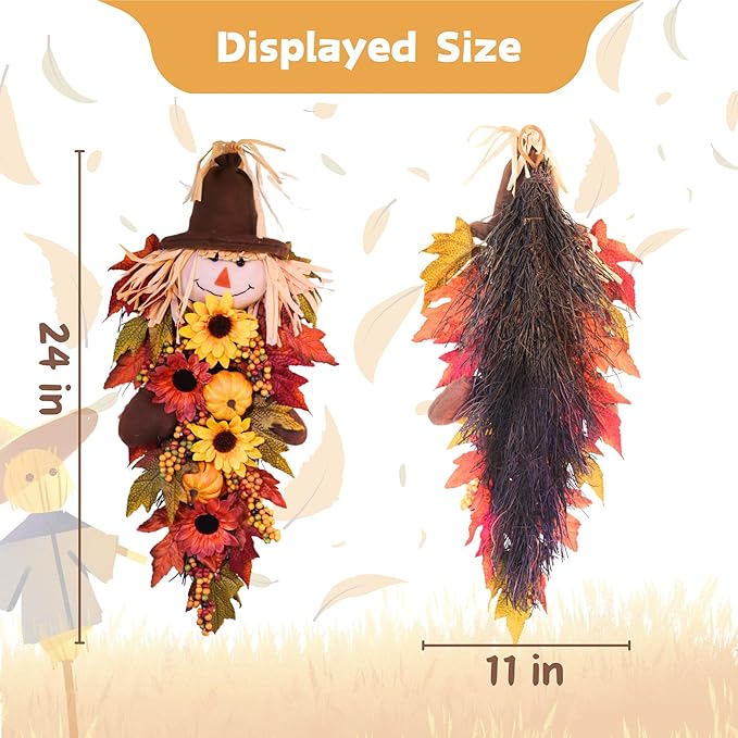 24" Rustic Fall Scarecrow Teardrop Swag – Farmhouse Sunflower & Pumpkin Wreath – Autumn Harvest Hanging Decor for Front Door, Wall, Porch, Indoor/Outdoor
