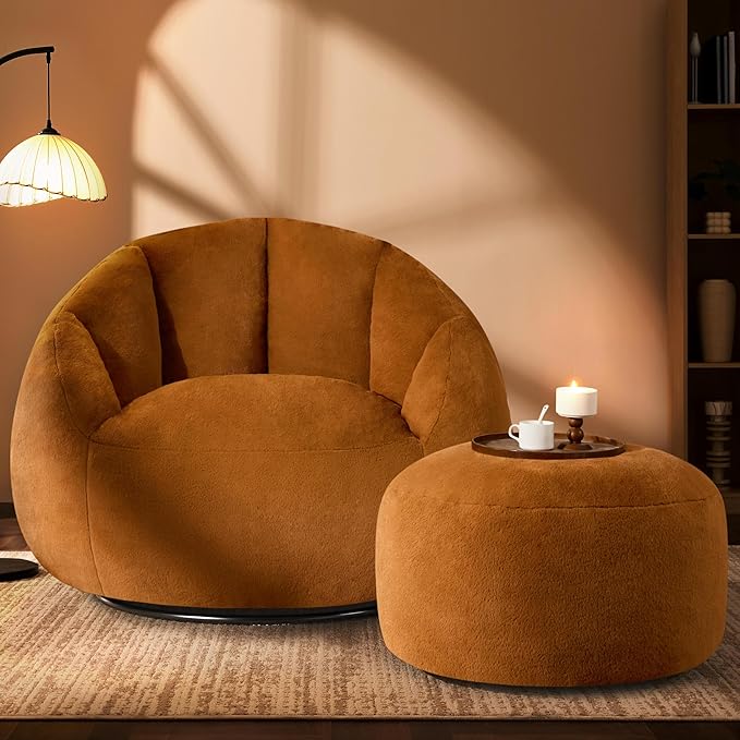 Giant Bean Bag Swivel Chair for Adults - Comfy Plush Round Shell Soft Accent Chaise Lounge Indoor Chair, Oversized Cozy Floor Sofa for Living Room, Bedroom & Game Rooms, Orange