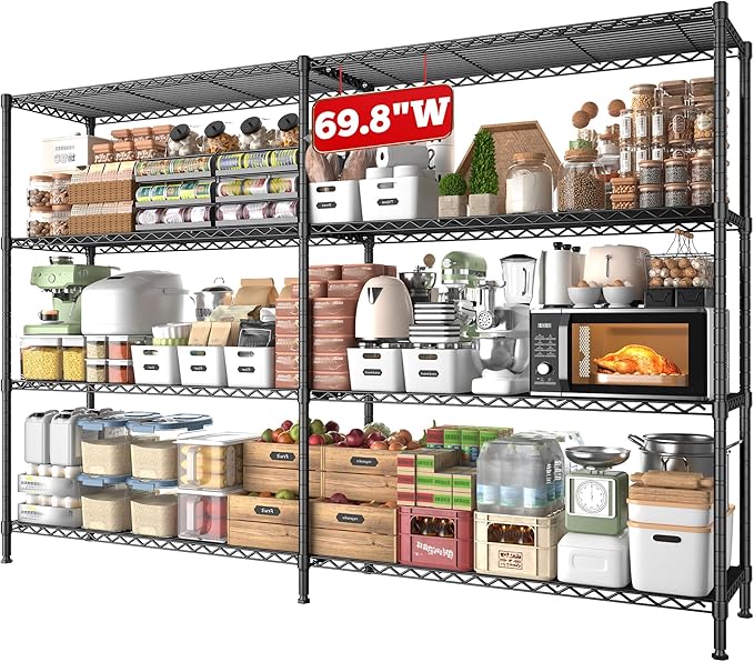 REIBII 69.8" W Storage Shelves 1250LBS Wire Shelving Unit 4 Tier Metal Shelving for Storage Rack Shelves Adjustable Heavy Duty Garage Shelf Pantry Shelves Kitchen Shelving, 69.8"Wx15.8"Dx62.9"H,Black