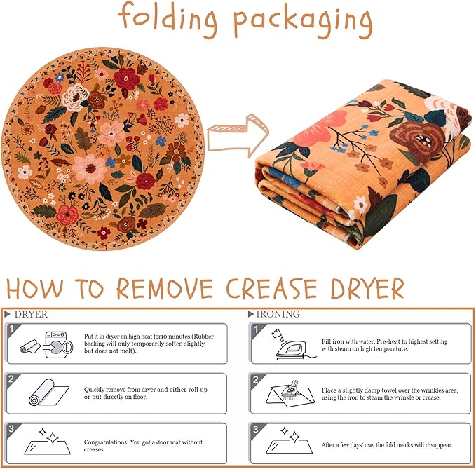 Round Rug 4ft Washable Circle Rug Non Slip Low Pile Boho Floral Small Circular Rug for Bedroom, Bathroom, Entryway, Kids Room, Office, College Dorm(Yellow)