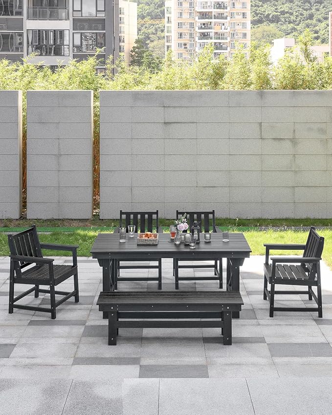 HDPE Outdoor Dining Set of 6, Patio Dining Table Set with 4 Chairs and 1 Bench, 6 Pieces HDPE Dining Set with Umbrella Hole, Outdoor Furniture Sets for Deck, Poolside, Garden, Obsidian