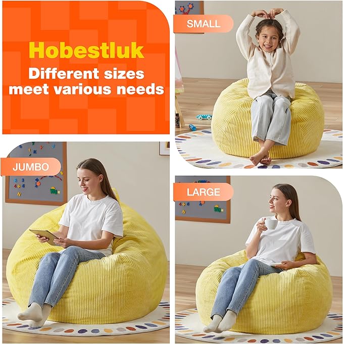 Hobestluk 4.5FT Bean Bag Chair Giant Bean Bag Chair with Filler Included Adult Bean Bag Chairs with Removable Cover for Bedroom Living Room - (Jumbo, Yellow)