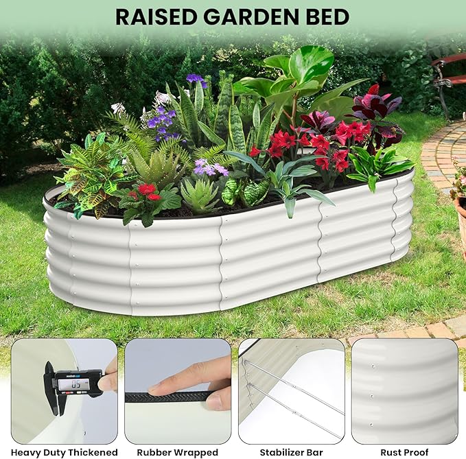 2 Pcs 6x3x1ft Oval Raised Garden Bed, Galvanized Raised Beds,Open-Ended Base Metal Raised Planter Beds,Garden Bed Outdoor,Planter Raised Boxes for Vegetables, Flowers,Tool-Free Asse,White
