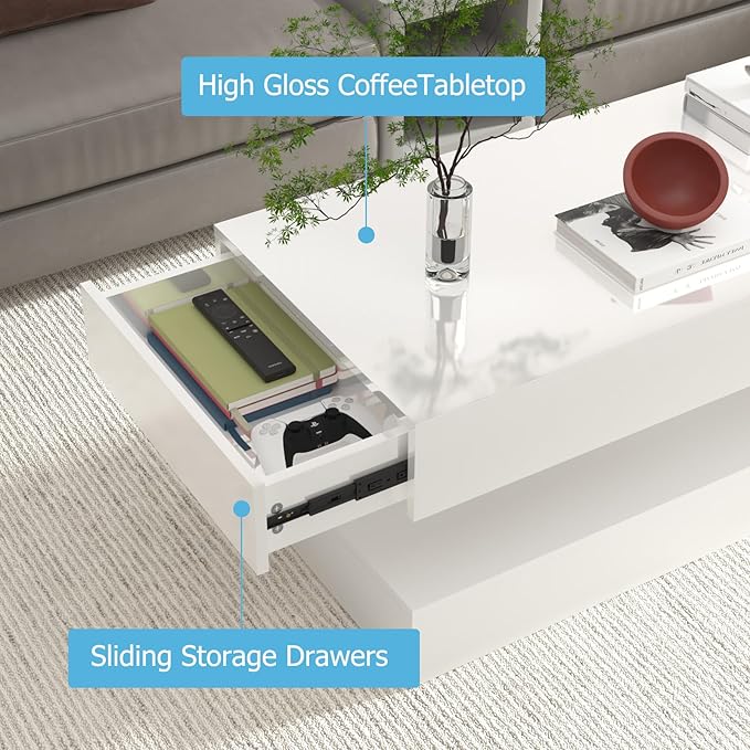 Uspeedy 47.3IN High Glossy LED Coffee Table,APP LED Lights,Black/White, Modern Furniture for Living Room (White)