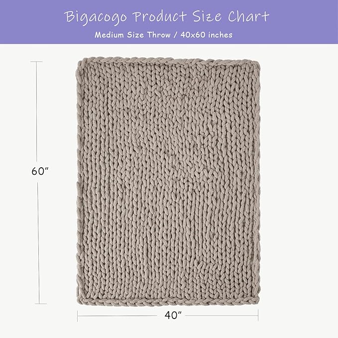 Bigacogo Chunky Knit Throw Blanket for Couch, 40x60 inches, 100% Hand Knitted with Thick Jumbo Chenille Yarn, Cozy Soft Large Rope Knot Cable Crochet Blankets for Sofa Bed Living Room, Taupe