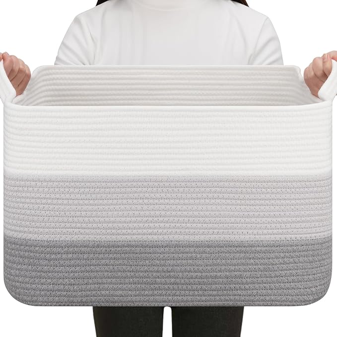 OIAHOMY Rectangle Woven Storage Basket - Nursery Cotton Rope Baskets for Storage, Toy Basket Organizing for Living Room, 17.7"x13.8"x11"- Pack of 3 - Gradient Gray