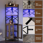 Corner Bar Cabinet with Power Outlet, 5-Tier Corner Wine Cabinet with Led Strip and Glass Holder, Industrial Tall Liquor Cabinet Bar Wine Rack for Home, Grey Oak